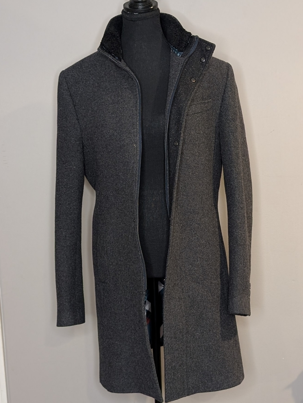 Ted Baker Charcoal Gray Wool-Blend Coat with Burgundy Lining